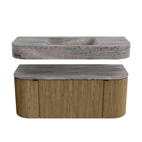 MONDIAZ THOR-DLUX 110cm meuble de salle de bains arrondi gauche + droite couleur Dusk avec 1 tiroir et 2 portes. Vasque suspendue CLOUD Centre sans trou de robinet couleur Oza. SW1463045