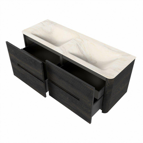Mondiaz CIRO-DLUX Ensemble de meubles de salle de bains - 130x45x50cm - Plan vasque solid surface Ostra - 2 vasques double - sans trous de robinetterie - 4 tiroirs - Shadow SW1532461