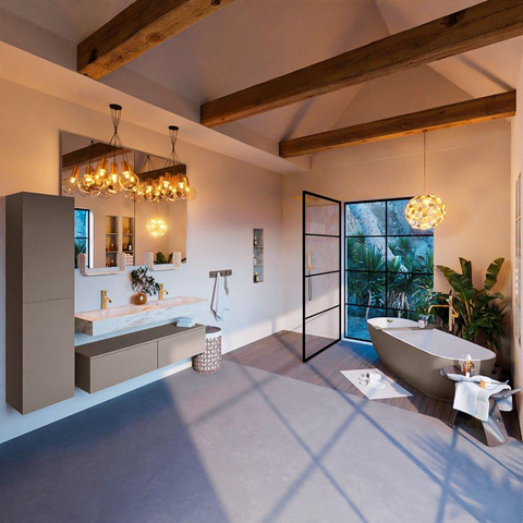 Mondiaz ALAN-DLUX Ensemble de meuble - 130cm - meuble Smoke mat - 2 tiroirs - Lavabo Cloud Frappe suspendu - vasque Gauche et droite - 2 trous de robinet SW804915