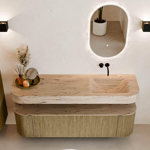 MONDIAZ THOR-DLUX Meuble de salle de bains 160cm arrondi gauche + droite couleur Dusk avec 1 tiroir et 2 portes. Vasque suspendue CLOUD Droite sans trou de robinet couleur Arena. SW1465130