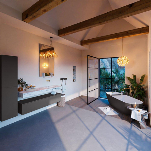 Mondiaz ALAN-DLUX Ensemble de meuble - 150cm - meuble Dark grey mat - 1 tiroir - Lavabo Cloud Glace suspendu - vasque Droite - 0 trous de robinet SW805521