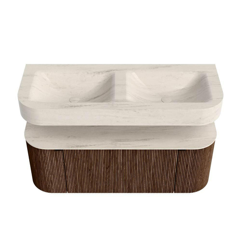 MONDIAZ THOR-DLUX 120cm meuble de salle de bains arrondi gauche + droite couleur Walnut avec 1 tiroir et 2 portes. Vasque suspendue CLOUD Double sans trou de robinet couleur Meli. SW1463397