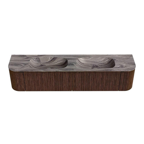 MONDIAZ KURVE-DLUX Meuble de salle de bains 200cm arrondi Gauche + Droite couleur Walnut avec 2 tiroirs et 2 portes. Lavabo STOR SMALL Double sans trou de robinet Sombra. SW1433713
