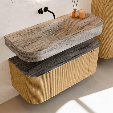 MONDIAZ THOR-DLUX 110cm badmeubel ronding links + rechts kleur Oak met 1 lade en 2 deuren. Vrijhangende wastafel CLOUD Midden zonder kraangat kleur Oza. SW1462961