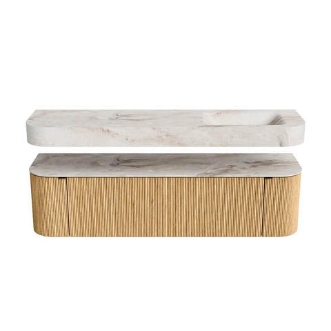 MONDIAZ THOR-DLUX Meuble de salle de bains 170cm arrondi gauche + droite couleur Oak avec 1 tiroir et 2 portes. Vasque suspendue CLOUD Droite sans trou de robinet couleur Frappe. SW1465401