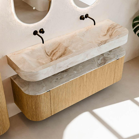 MONDIAZ THOR-DLUX 150cm badmeubel ronding links + rechts kleur Oak met 1 lade en 2 deuren. Vrijhangende wastafel CLOUD Dubbel zonder kraangat kleur Frappe. SW1464577