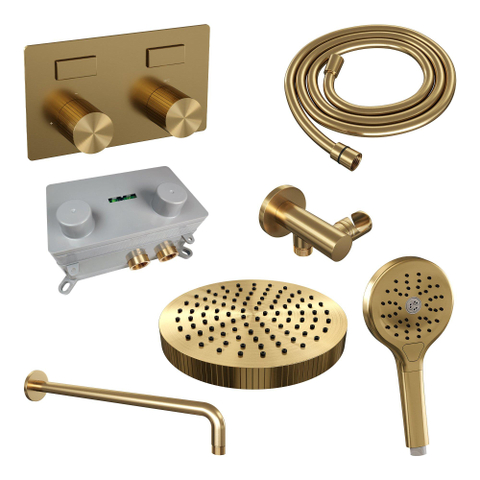 BRAUER Stripe Douche de tête thermostatique encastrée - boutons-poussoirs - SET 29 - pomme de douche 25 cm - bras mural courbé - douchette 3 positions - flexible de douche - coude mural - or brossé PVD SW1434852