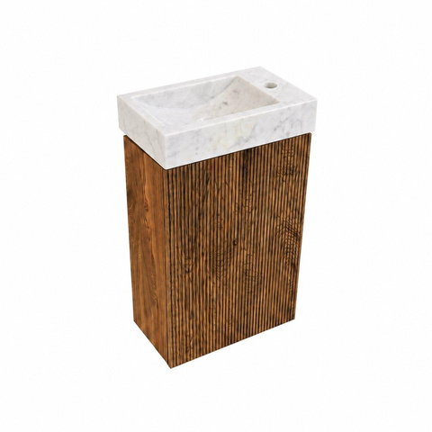 Saniclass Holz Atelier Ensemble de meuble de toilette - 40x60.5cm - 1 porte - lave-mains pierre naturelle marbre - trou de robinet à droite - walnut pure SW1577771