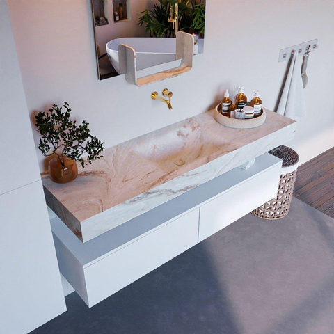 Mondiaz ALAN-DLUX Ensemble de meuble - 150cm - meuble Talc mat - 2 tiroirs - Lavabo Cloud Frappe suspendu - vasque Centre - 0 trous de robinet SW805246