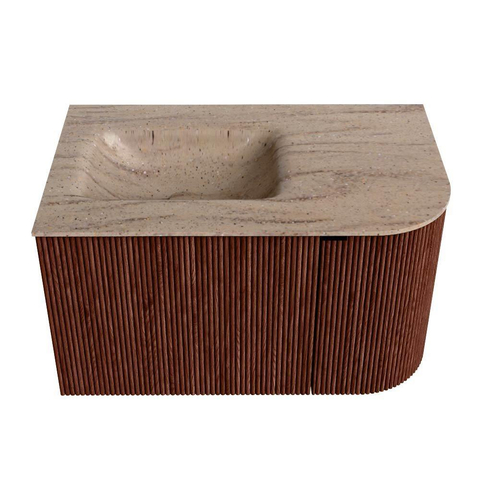 MONDIAZ KURVE-DLUX Meuble de salle de bains 75cm arrondi à droite couleur Ruby avec 1 tiroir et 1 porte. Lavabo GRUNNE à gauche 1 trou de robinet Saba. SW1433438