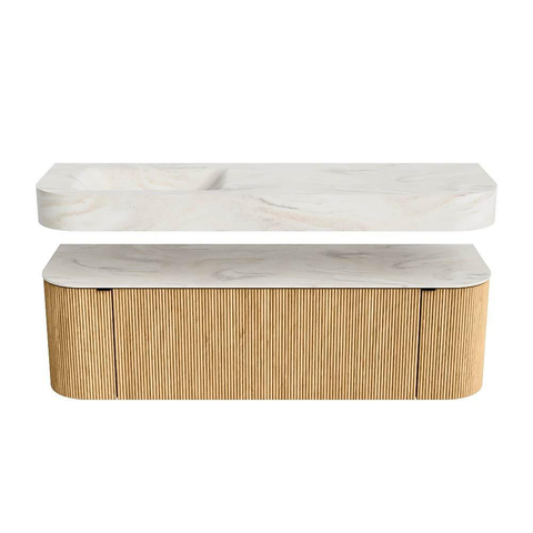 MONDIAZ THOR-DLUX 150cm badmeubel ronding links + rechts kleur Oak met 1 lade en 2 deuren. Vrijhangende wastafel CLOUD Links zonder kraangat kleur Ostra. SW1464628