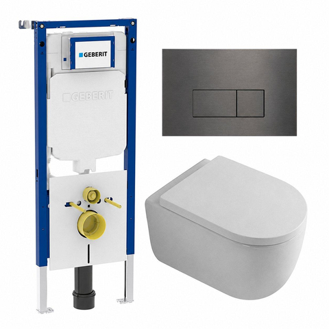 QeramiQ Dely Swirl Pack WC - 36.3x51.7cm - à fond creux - sans bride - réservoir encastré Geberit UP720 Duofix Sigma - assise 35mm - plaque de déclenchement gunmetal - boutons ronds - blanc mat SW1413912