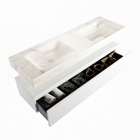 Mondiaz ALAN-DLUX Ensemble de meuble - 150cm - meuble Talc mat - 1 tiroir - Lavabo Cloud Ostra suspendu - vasque Gauche et droite - 0 trous de robinet SW806939