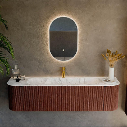 Mondiaz KURVE-DLUX Ensemble de meuble de salle de bains - 170x46x40cm - 1 tiroir - 2 portes - lavabo solid surface - milieu - 1 trou de robinet - Ruby SW1415955