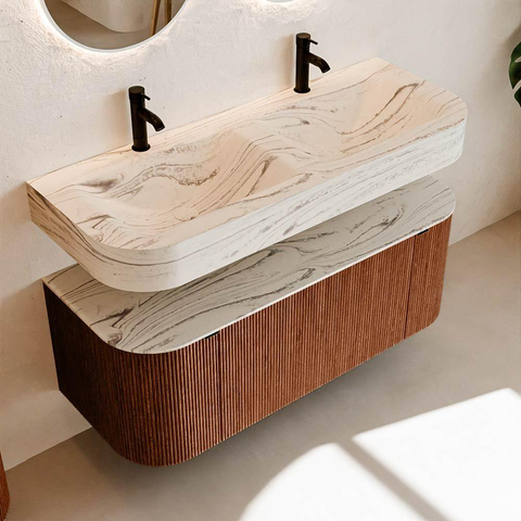 MONDIAZ THOR-DLUX 120cm meuble de salle de bains arrondi gauche + droite couleur Ruby avec 1 tiroir et 2 portes. Vasque suspendue CLOUD Double 2 trous de robinet couleur Nata. SW1463393