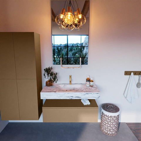Mondiaz ALAN-DLUX Ensemble de meuble - 100cm - meuble Oro mat - 1 tiroir - Lavabo Cloud Glace suspendu - vasque Centre - 1 trou de robinet SW806157