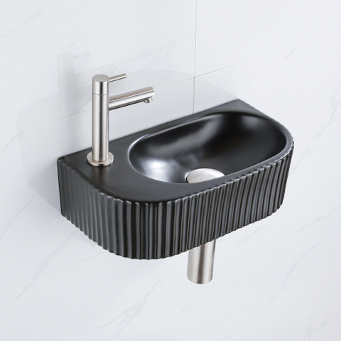QeramiQ Fuente pack lave-mains – demi-rond – 40 x 21,5 x 12 cm – céramique noir mat – robinet inox brossé – cannelé SW1233018