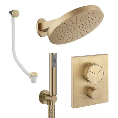 Crosswater MPRO Regendoucheset inbouw - 2 hendels - badafvoer - 30cm douchekop - handdouche - wandarm - geborsteld messing (goud) SW1472751