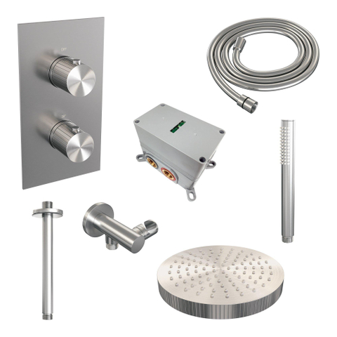BRAUER Stripe Thermostatische Inbouw Regendouche - 3-weg - rechthoekig - SET 15 - 25cm douchekop - plafondarm - staaf handdouche - doucheslang - wandaansluitbocht - RVS-kleurig geborsteld PVD SW1435076