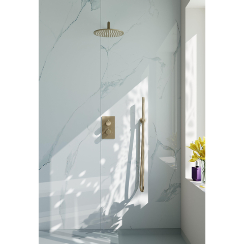 Fortifura Calvi Inbouw Regendoucheset - thermostatisch - wandarm - 25cm - hoofddouche - staaf handdouche - gladde doucheslang - PVD - geborsteld messing (goud) SW1233157