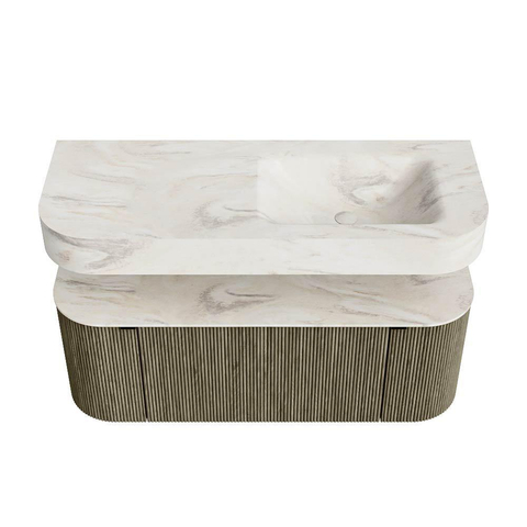 MONDIAZ THOR-DLUX 120cm meuble de salle de bains arrondi gauche + droite couleur Shadow avec 1 tiroir et 2 portes. Vasque suspendue CLOUD Droite 1 trou de robinet couleur Ostra. SW1463160