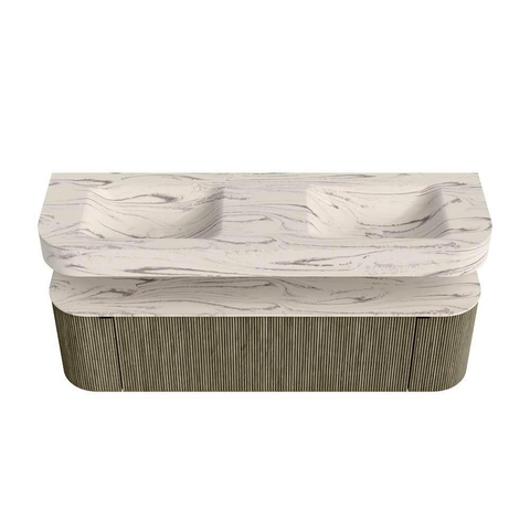 MONDIAZ THOR-DLUX Meuble de salle de bains 160cm arrondi gauche + droite couleur Shadow avec 1 tiroir et 2 portes. Vasque suspendue CLOUD Double sans trou de robinet couleur Nata. SW1465280