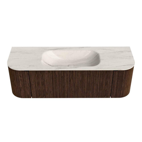 MONDIAZ KURVE-DLUX Meuble de salle de bains 140cm arrondi Gauche + Droite couleur Walnut avec 1 tiroir et 2 portes. Vasque BIG SMALL Milieu sans trou de robinet Meli. SW1431675