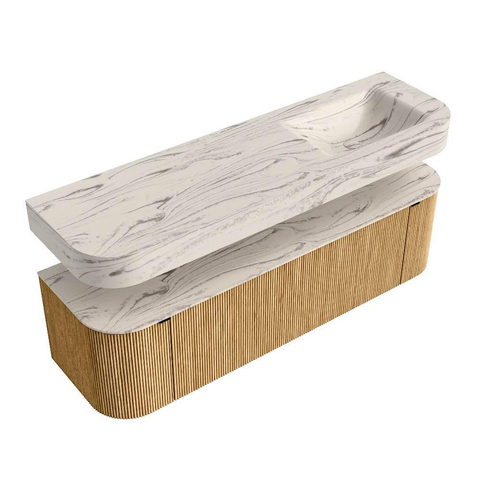 MONDIAZ THOR-DLUX 160cm meuble de salle de bains arrondi gauche + droite couleur Oak avec 1 tiroir et 2 portes. Vasque suspendue CLOUD Droite 1 trou de robinet couleur Nata. SW1465263