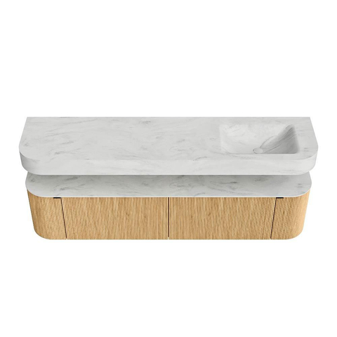MONDIAZ THOR-DLUX 190cm badmeubel ronding links + rechts kleur Oak met 2 lades en 2 deuren. Vrijhangende wastafel CLOUD Rechts zonder kraangat kleur Opalo. SW1466397