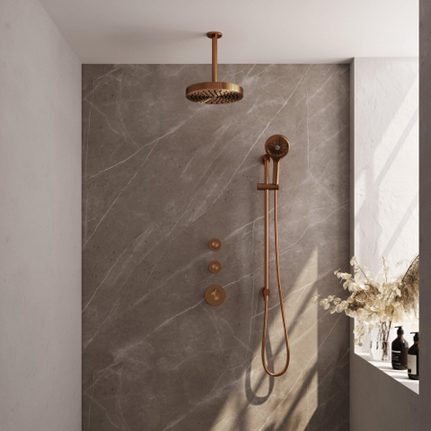 BRAUER Stripe Thermostatische Inbouw Regendouche - SET 12 - 25cm douchekop - plafondarm - 3-standen handdouche - doucheslang - geïntegreerde glijstang - koper geborsteld PVD SW1434924