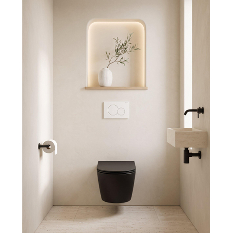 QeramiQ Dely Ensemble WC - réservoir encastré Geberit UP720 - plaque de commande blanche - abattant WC à fermeture amortie - 35 mm - avec cadre Burda - noir mat SW1427100