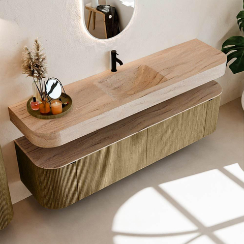 MONDIAZ THOR-DLUX 180cm meuble de salle de bains arrondi gauche + droite couleur Dusk avec 2 tiroirs et 2 portes. Vasque suspendue CLOUD Milieu 1 trou de robinet couleur Saba. SW1466332