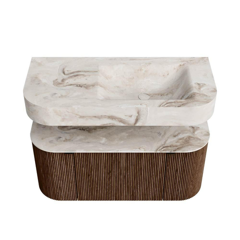 MONDIAZ THOR-DLUX Meuble de salle de bains 100cm arrondi gauche + droite couleur Walnut avec 1 tiroir et 2 portes. Vasque suspendue CLOUD Droite 1 trou de robinet couleur Frappe. SW1467338
