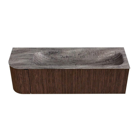 MONDIAZ KURVE-DLUX 145cm badmeubel ronding Links kleur Walnut met 1 lade en 1 deur. Wastafel BIG LARGE Rechts 2 kraangaten Oza. SW1432460