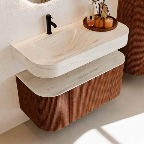 MONDIAZ THOR-DLUX 100cm meuble de salle de bains arrondi gauche + droite couleur Ruby avec 1 tiroir et 2 portes. Vasque suspendue CLOUD gauche 1 trou de robinet couleur Meli. SW1467488