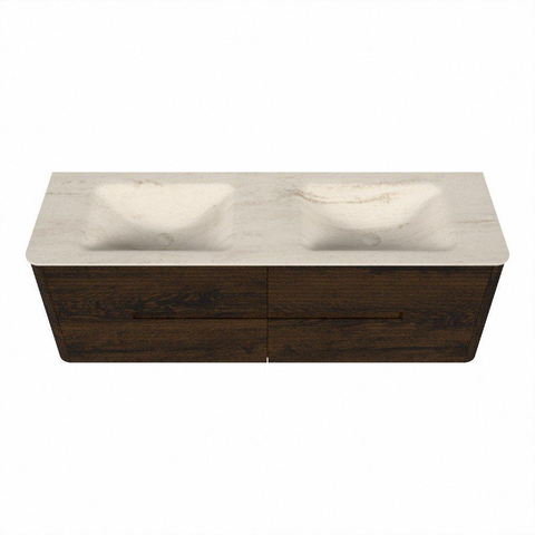 Mondiaz CIRO-DLUX Meuble de salle de bains - 150x45x50cm - Plan vasque Solid surface Meli - 2 bacs Doubles - sans trous de robinet - 4 tiroirs - Noyer SW1530522