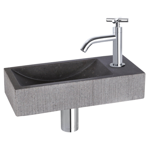 Differnz Ribble fonteinset - 38x18x8cm - Rechthoek - 1 kraangat - chroom kraan - kruisgreep - natuursteen zwart SHOWROOMMODEL SHOW26848