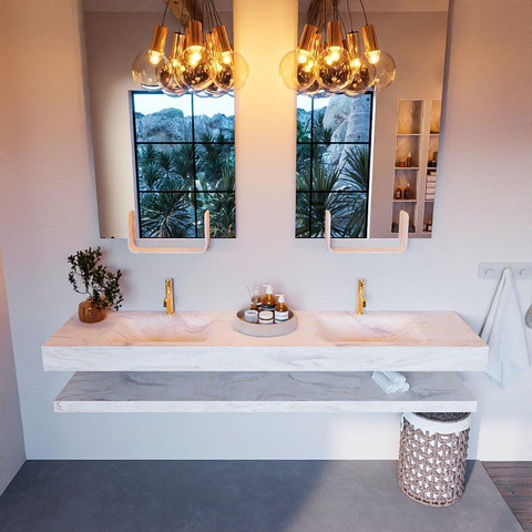 Mondiaz ALAN-DLUX Ensemble de meuble - 200cm - meuble Ostra mat - 0 tiroirs - Lavabo Cloud Ostra suspendu - vasque Gauche et droite - 2 trous de robinet SW809222