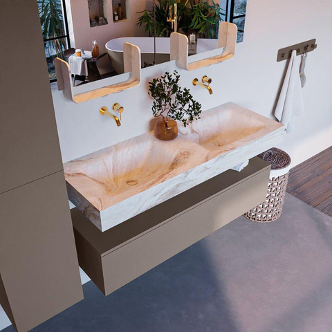 Mondiaz ALAN-DLUX Ensemble de meuble - 130cm - meuble Smoke mat - 1 tiroir - Lavabo Cloud Frappe suspendu - vasque Gauche et droite - 0 trous de robinet SW805481