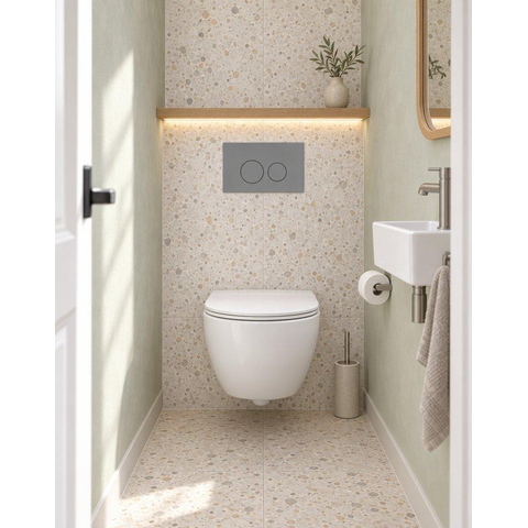Pack WC QeramiQ Dely Swirl Compact - réservoir encastrable Geberit UP320 - avec bâti-support Burda - abattant slim - plaque de commande en plastique gris clair - boutons ronds - blanc mat SW1595647