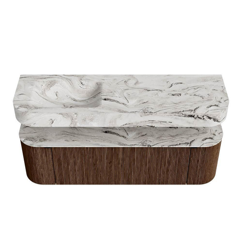 MONDIAZ THOR-DLUX 150cm badmeubel ronding links + rechts kleur Walnut met 1 lade en 2 deuren. Vrijhangende wastafel CLOUD Links zonder kraangat kleur Glace. SW1464654