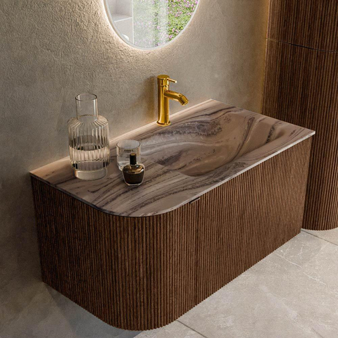 MONDIAZ KURVE-DLUX 85cm badmeubel ronding Links kleur Walnut met 1 lade en 1 deur. Wastafel CLOUD Rechts 1 kraangat Sombra. SW1433635