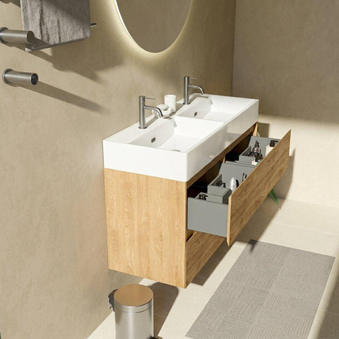 Saniclass Holz Pure Badkamermeubelset - 120x45x72cm - Legend keramische wastafel wit - 2 wasbakken - 2 kraangaten - 4 lades - mat eiken natural (hout) SW1478531