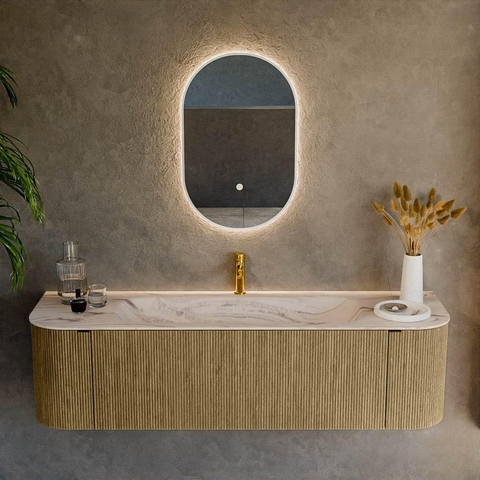 MONDIAZ KURVE-DLUX 160cm badmeubel ronding Links + Rechts kleur Dusk met 1 lade en 2 deuren. Wastafel BIG MEDIUM Midden 1 kraangat Nata. SW1432398