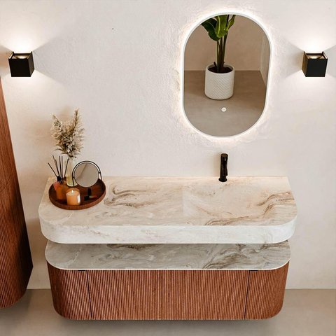 MONDIAZ THOR-DLUX Meuble de salle de bains 140cm arrondi gauche + droite couleur Ruby avec 1 tiroir et 2 portes. Vasque suspendue CLOUD Droite 1 trou de robinet couleur Frappe. SW1464218