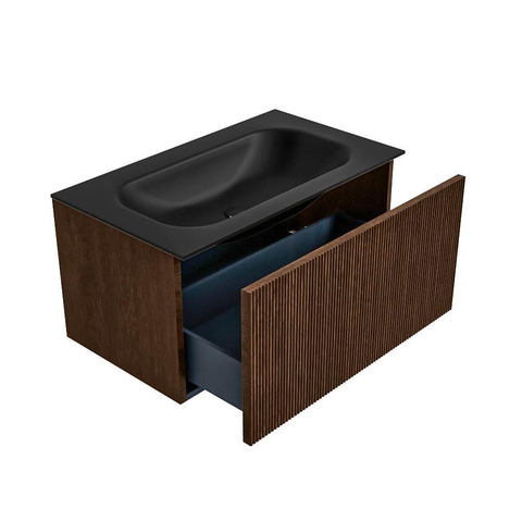 MONDIAZ KURVE 80cm badmeubel kleur Walnut met 1 lade. Wastafel BIG SMALL midden zonder kraangat Urban. SW1138486