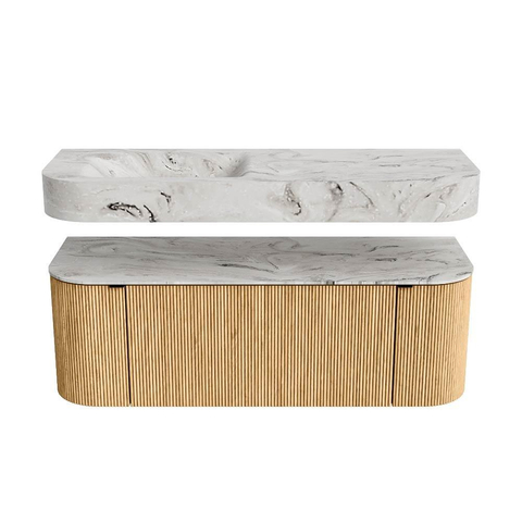 MONDIAZ THOR-DLUX 130cm badmeubel ronding links + rechts kleur Oak met 1 lade en 2 deuren. Vrijhangende wastafel CLOUD Links zonder kraangat kleur Glace. SW1463521