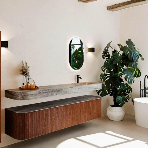 MONDIAZ THOR-DLUX 200cm meuble de salle de bains arrondi gauche + droite couleur Ruby avec 2 tiroirs et 2 portes. Vasque suspendue CLOUD Droite 1 trou de robinet couleur Oza. SW1467201