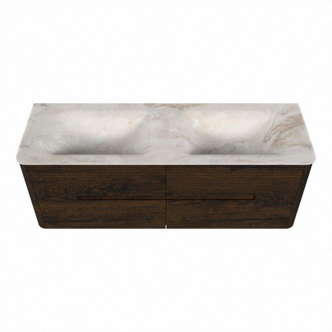 Mondiaz CIRO-DLUX Badkamermeubelset - 140x45x50cm - Solid surface wastafel Frappe - 2 wasbak Dubbel - 2 kraangaten - 4 lades - Walnut SW1530295