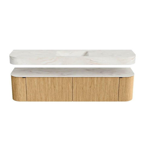 MONDIAZ THOR-DLUX 190cm badmeubel ronding links + rechts kleur Oak met 2 lades en 2 deuren. Vrijhangende wastafel CLOUD Midden zonder kraangat kleur Ostra. SW1466400